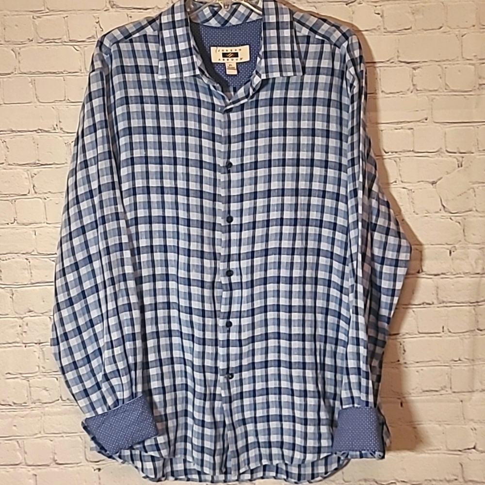 Men's size XL Modern Linen Blue White Plaid Flip Cuff Long Sleeve Button Shirt